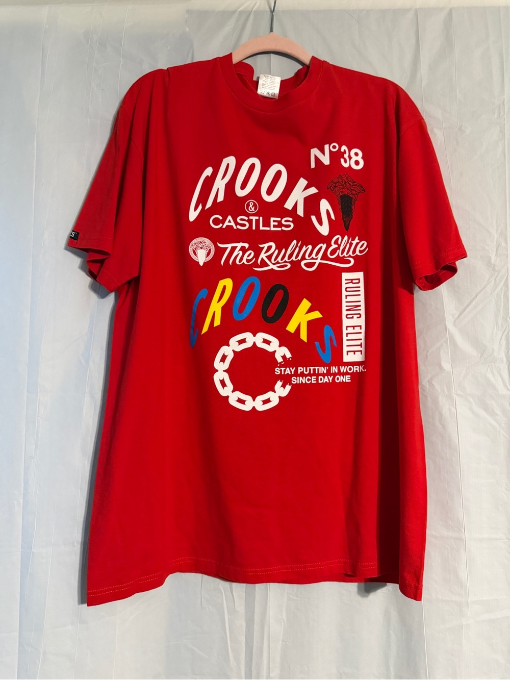 Crooks & Castles Red Short Sleeve Graphic Tee with Multicolor Logo